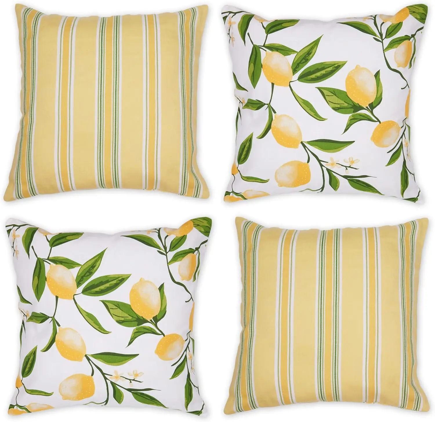 4Pcs Minimalist Lemon Throw Pillow Covers with Simple Stripe & Citrus Vine Design Cushion Cases for Elegant, Refreshing Home
