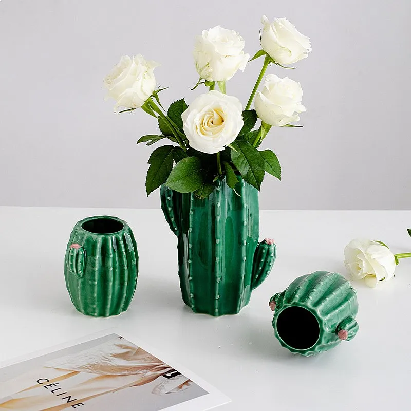 Cactus Shaped Ceramic Vase for Desktop Dried Flower Hydroponic Living Room Decoration