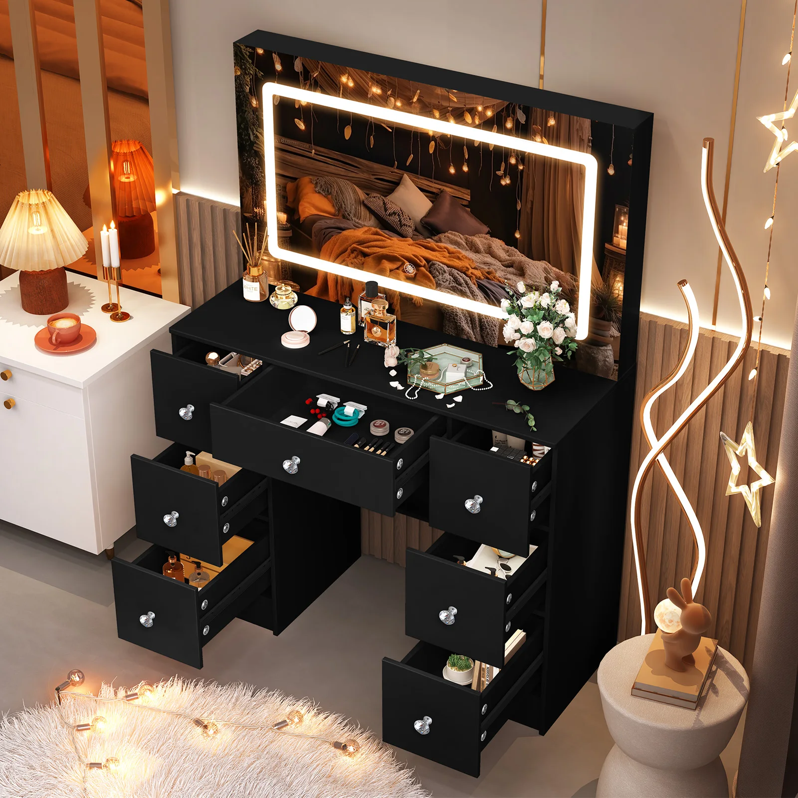 Juego de tocador de madera negra con espejo LED con regulador de intensidad, control táctil, 7 cajones, fácil montaje, estructura resistente, escritorio de maquillaje para dormitorio de mujeres/niñas