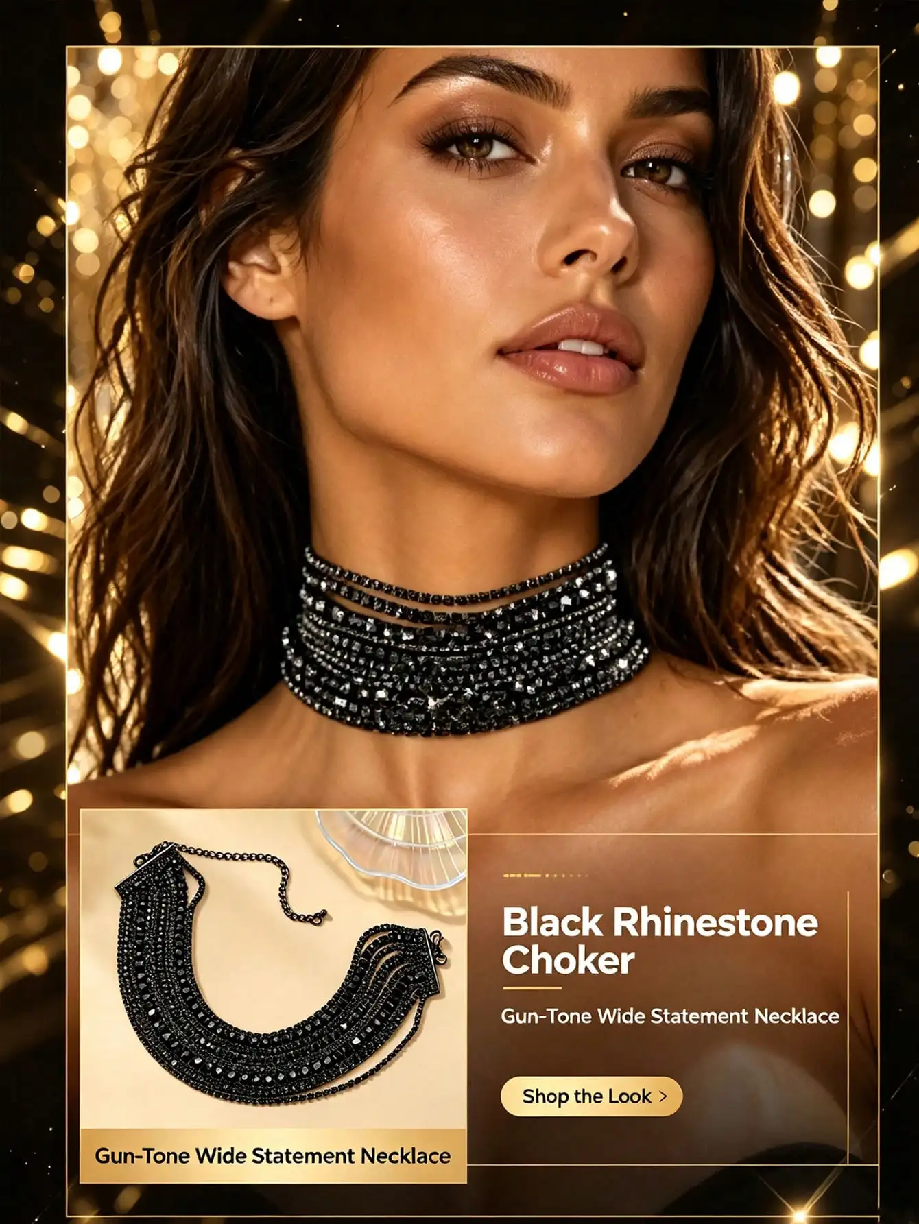 Schwarze Strass-Mehrschicht-Halskette im Gun-Tone-Stil, Statement-Kragen für Damen, Party-, Abschlussball- und Nachtclub-Outfits – Detail 5