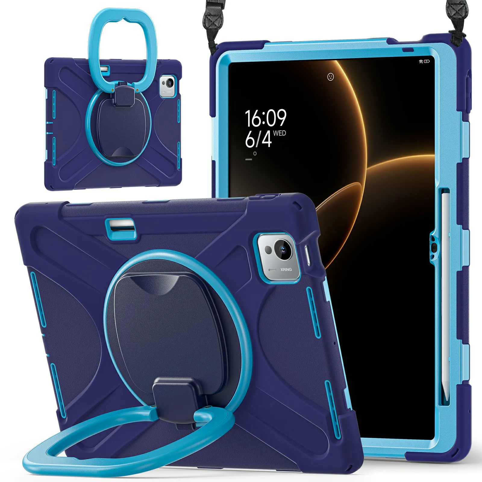 

For Xiaomi Pad 7 Ultra Case with Shoulder Strap TPU + PC + Silicone Kickstand Tablet Cover - Navy Blue