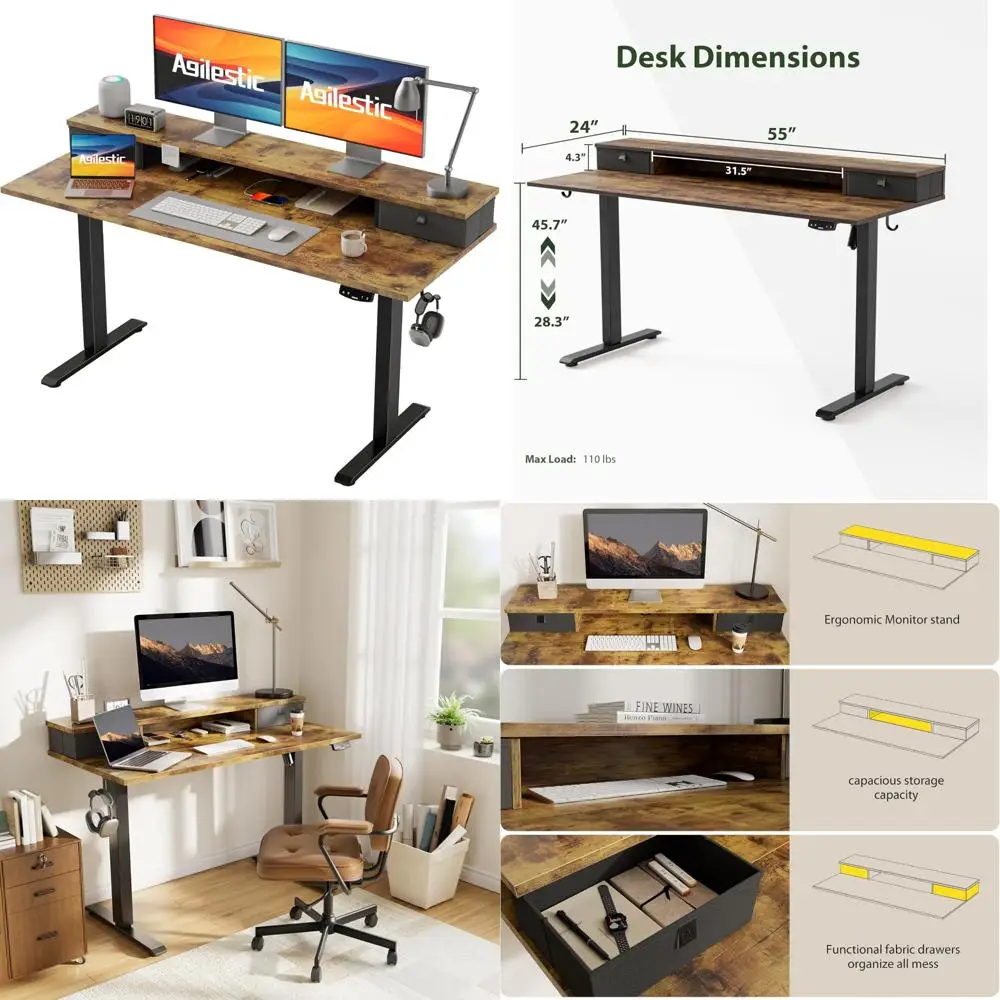 Ergonomic Adjustable Electric Desk 55x24, Dual Drawers, Height-Modifiable Standing Desk for Comfortable Sit-Stand Workstations