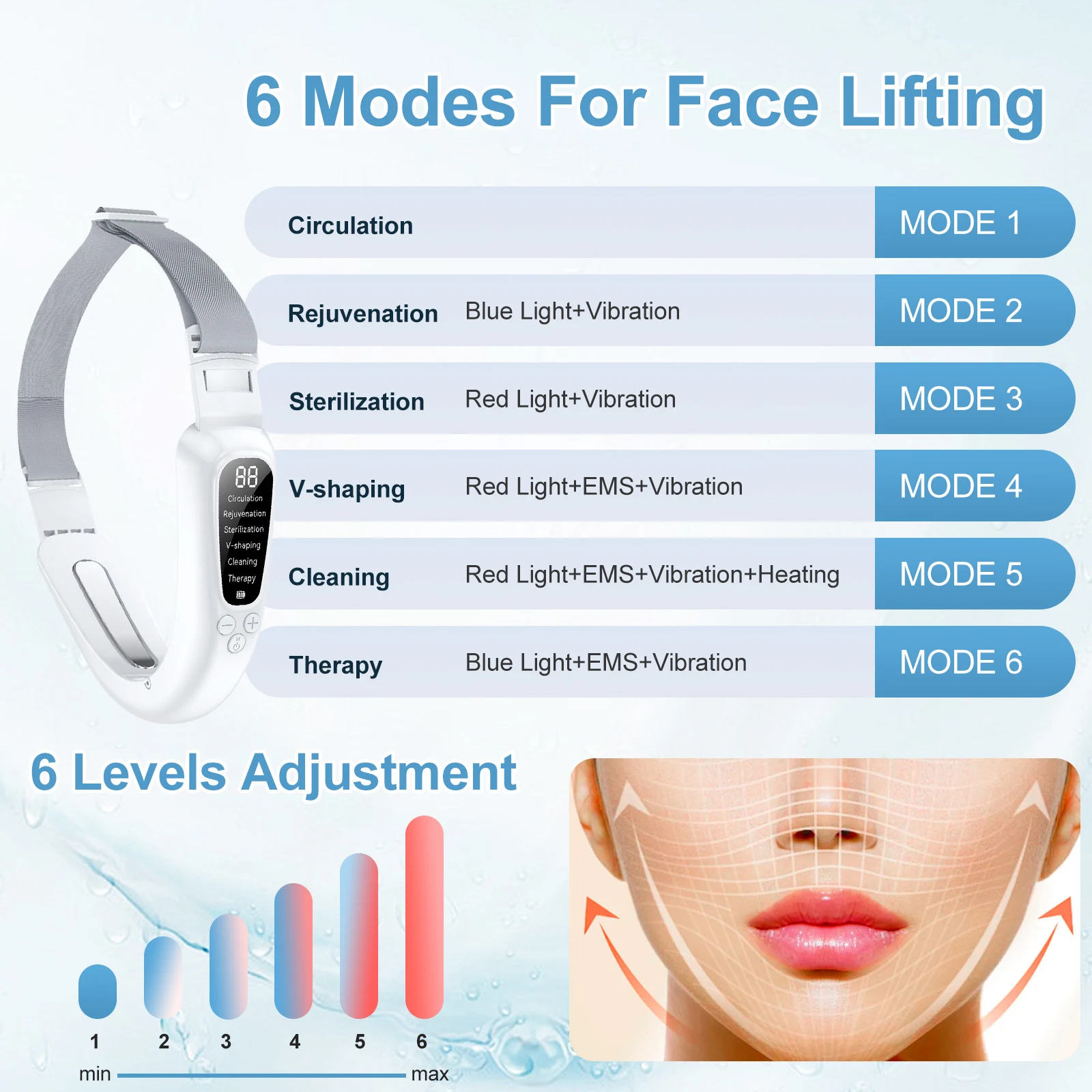 EMS Face Lifting Machine Microcurrent Double Chin Remover 12 Gears Facial Massager Vibration Slimming Firming V-Face Lift Device