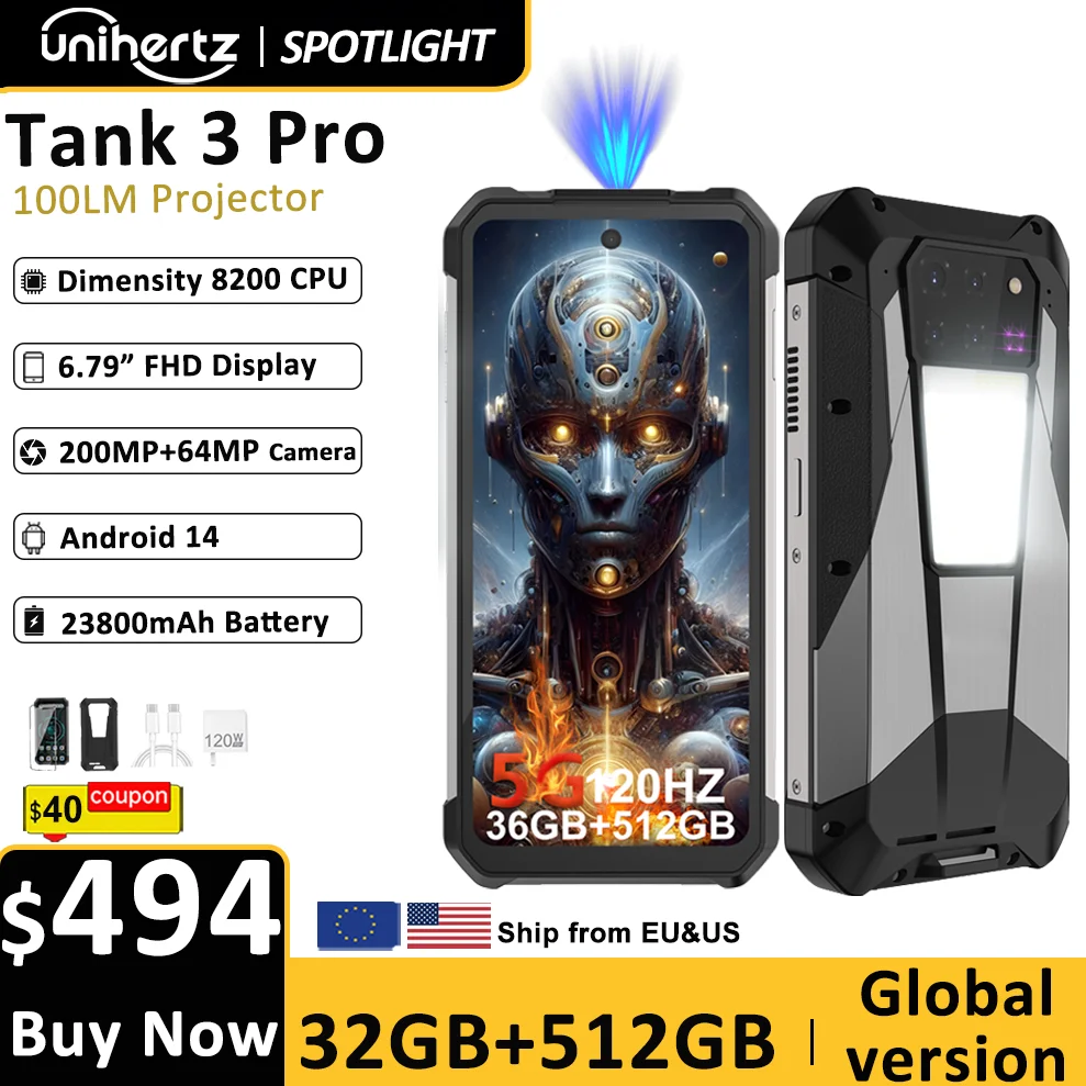 Unihertz Tank 3 Pro 8849 Smartphone with 100 Lumens 120Hz Projector 32GB+512GB 5G Phone 23800mAh 120W Fast Charger 200MP Camera