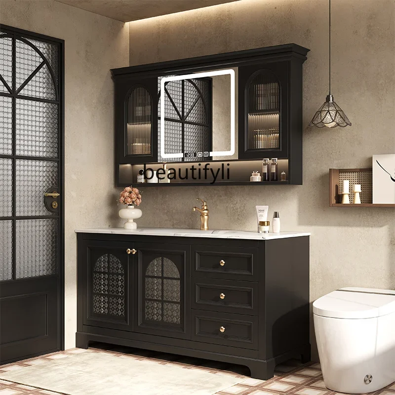 AAFrench retro floor-to-ceiling bathroom cabinet combination bathroom rock slab hot bending integrated basin washstand