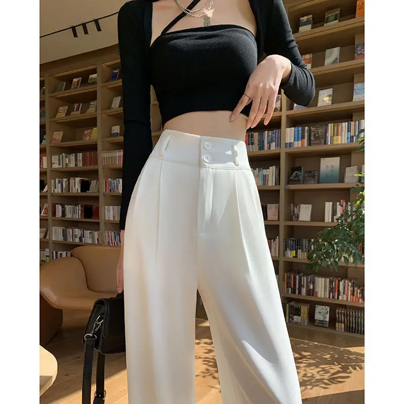 Grey Wide Leg Pants for Women with A High Waist and A Pear Shaped Figure. Large Size Straight Tube Casual Suit Pants