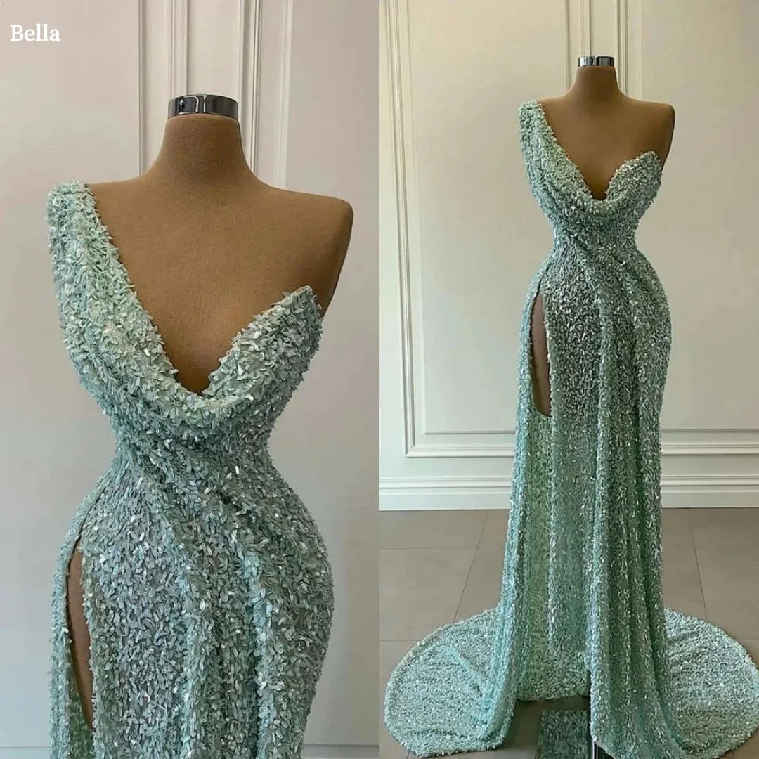 

Bella Индивидуальные зеленые платья на одно плечо без бретелек для вечеринок с открытой спиной и разрезом по бокам длиной до пола, платье для выпускного вечера трапециевидной формы