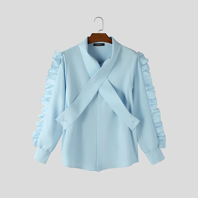 INCERUN Mannen Shirt Effen Kleur Revers Lange Mouw Ruche Casual Mannen Kleding Streetwear Losse Mode Elegante Camisas Mannelijke Tops