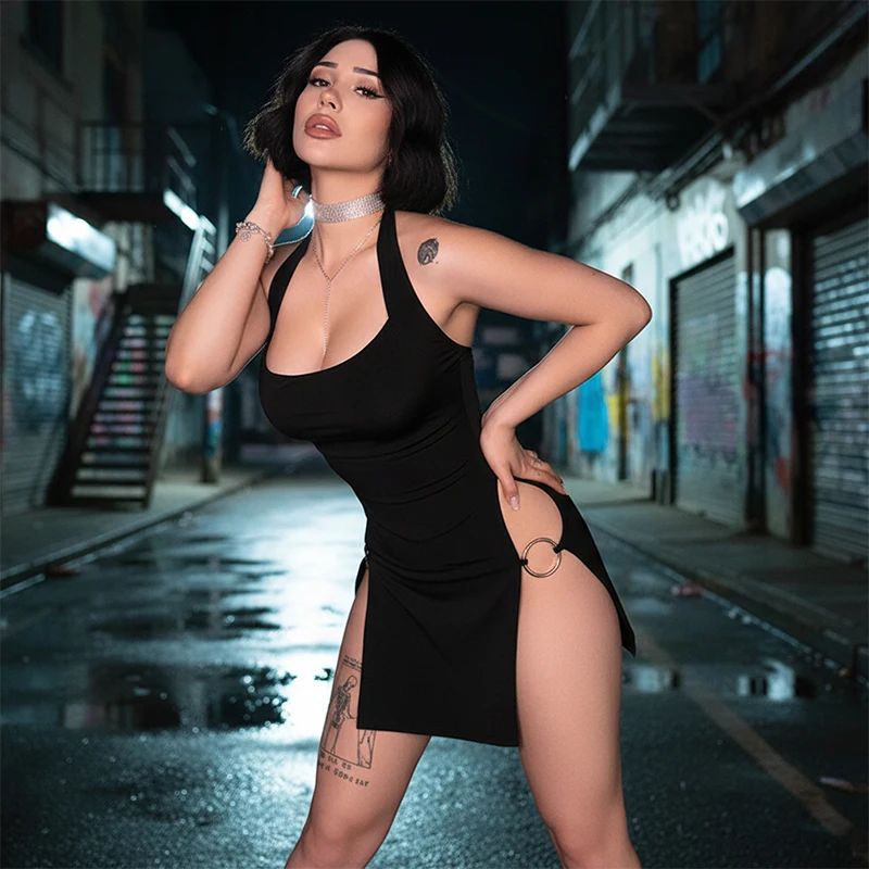 New Dresses Summer Sexy Halter Mini Dress Y2K Women Sleeveless Strap Streetwear Backless Split Black Dress Party Elegant A-LINE