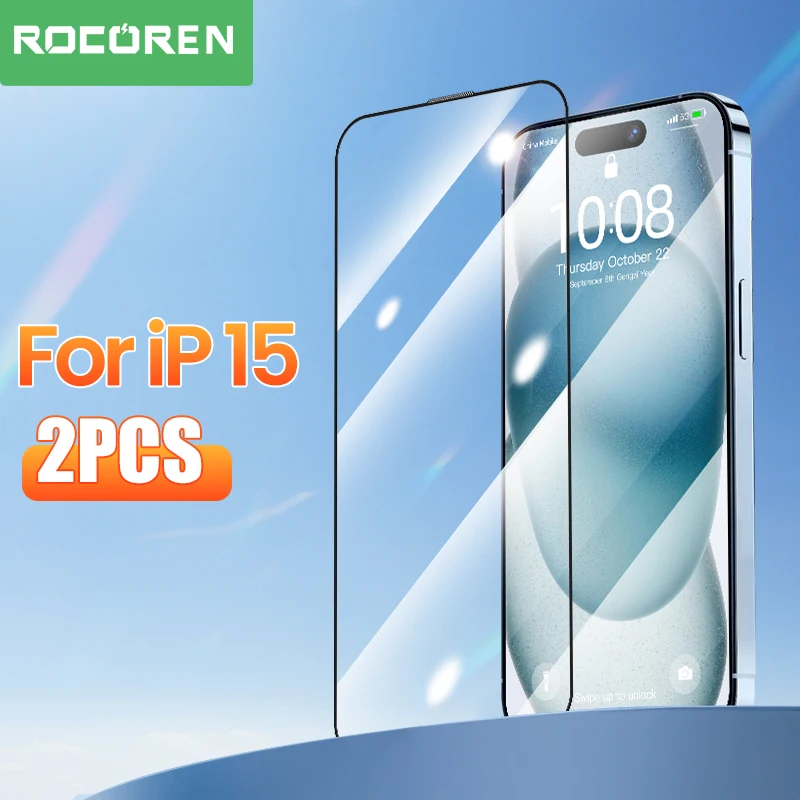 Rocoren 2Pcs Screen Protector Tempered Glass For iPhone 15 Pro Max Full Cover Protective Glass For iPhone 15 Tempered Film Glass