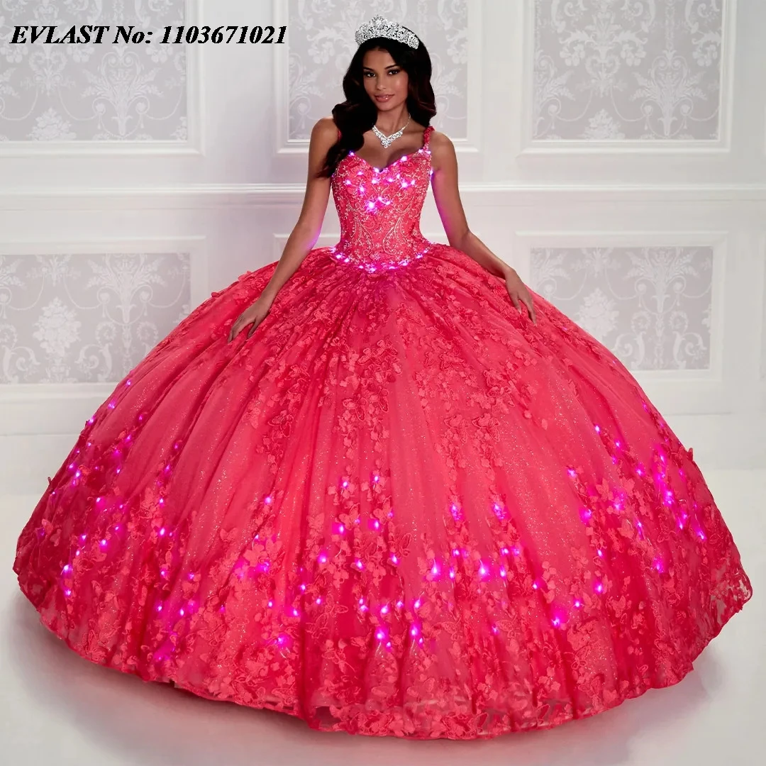 

EVLAST Mexican Bright Pink Quinceanera Dress Ball Gown Lace Appliques Crystals Beaded With Cape Corset Vestidos De XV Anos SQ289