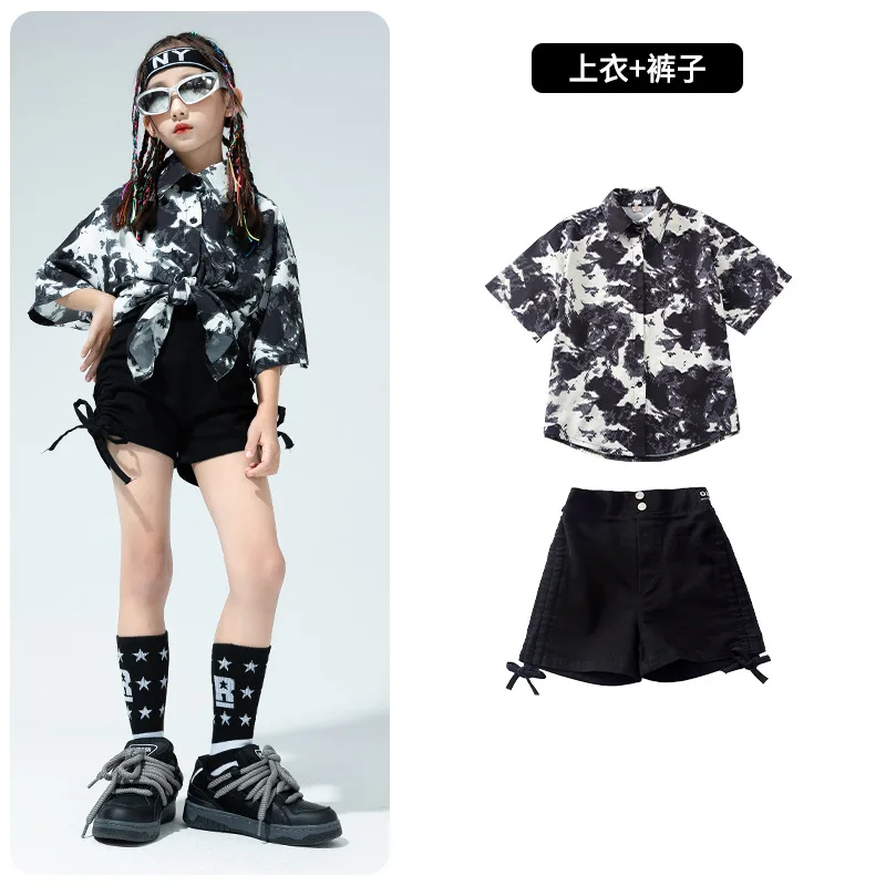 Ensembles de vêtements de performance Hip Hop pour enfants, chemise imprimée à manches courtes et short noir, olympiques de danse de rue pour adolescents garçons et filles