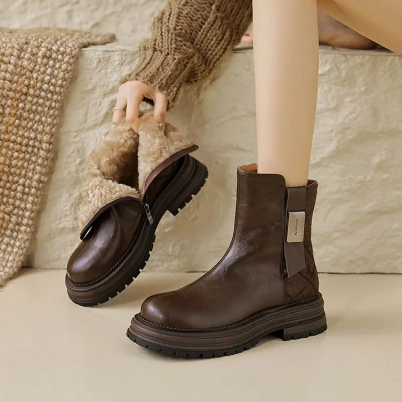 

Women's Shoes Winter Ankle Boots High Quality Designer Snow Boots for Women British Platform Leather Boots Chelsea High Heels