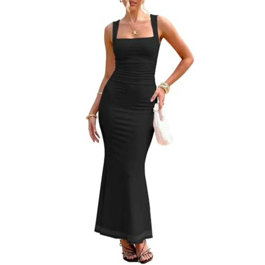 

BORIFLORS Women's Ruched Bodycon Maxi Dress Mesh Sleeveless Square Neck Formal Beach Wedding Guest Cocktail Long Dresses