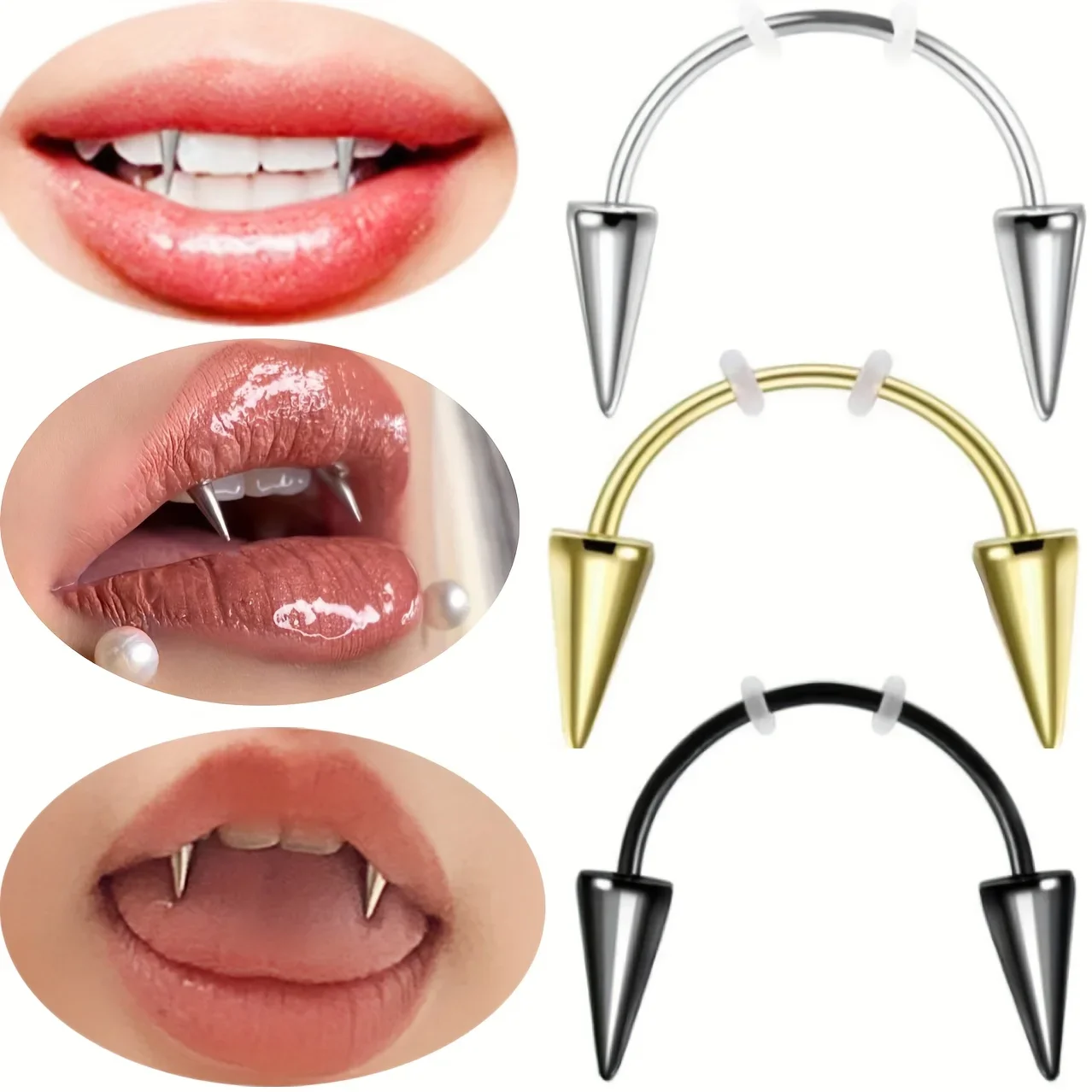 3-Piece Stainless Steel Lip Staples, Gothpunk Style C-Smiling Tiger Teeth and Bite Earrings - A Must-Have Halloween Cosplay Accessory