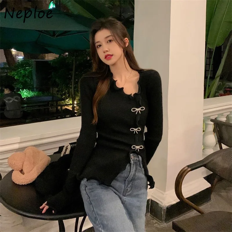 Neploe Sweet Fungus Edge Bottoming Shirt Women Split Irregular Knitting Tops Woman Long Sleeve Solid Color Sweater Shirts Female