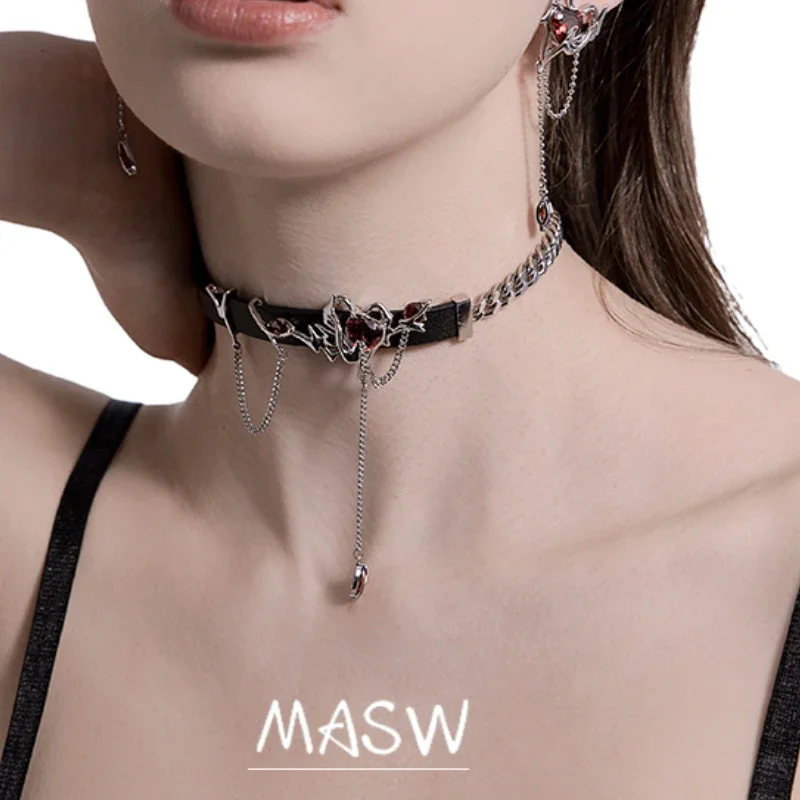 MASW Original Design Cool Black PU Choker Necklace 2024 Trend New Modern Jewelry Red Glass Heart Necklace For Women Girl Gift