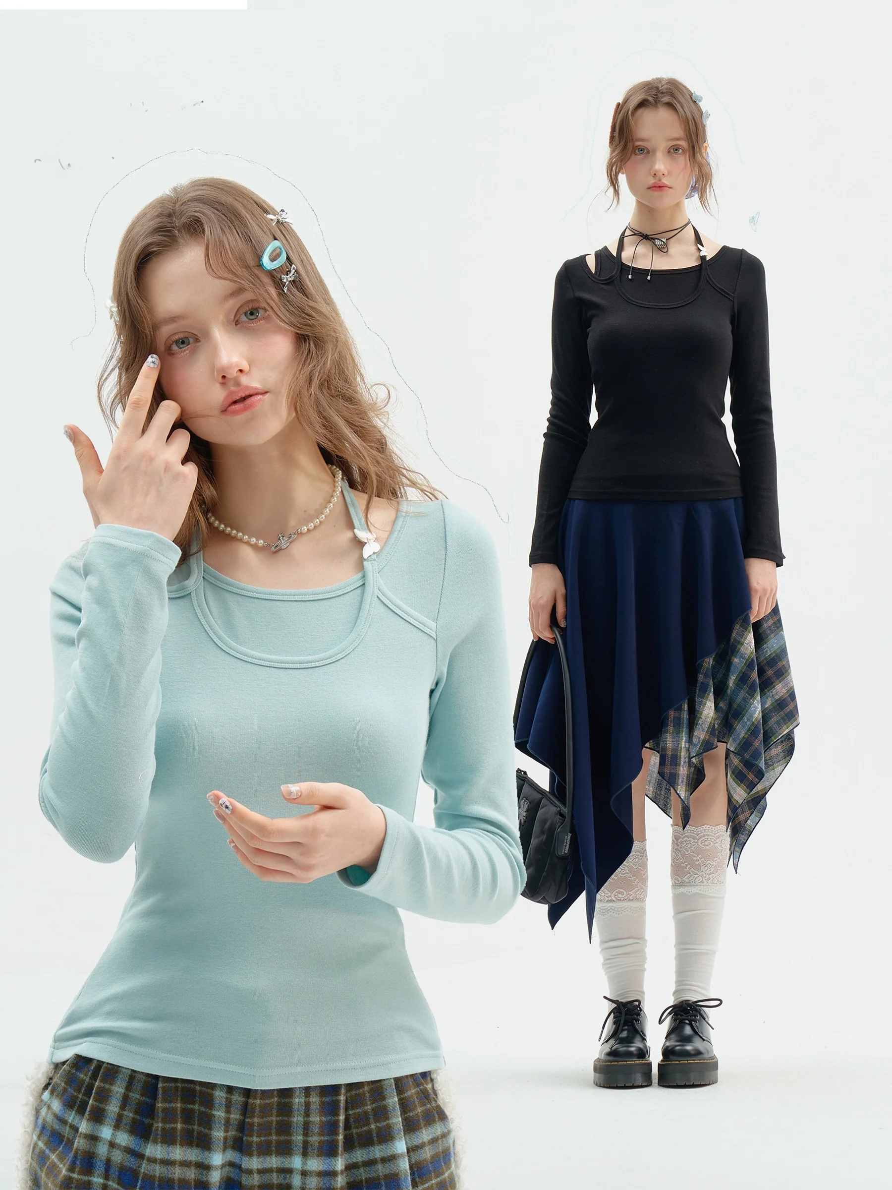 

Женская облегающая вязаная базовая кофта ZiziFei в американском ретро-стиле с круглым вырезом и длинными рукавами, однотонная, модная