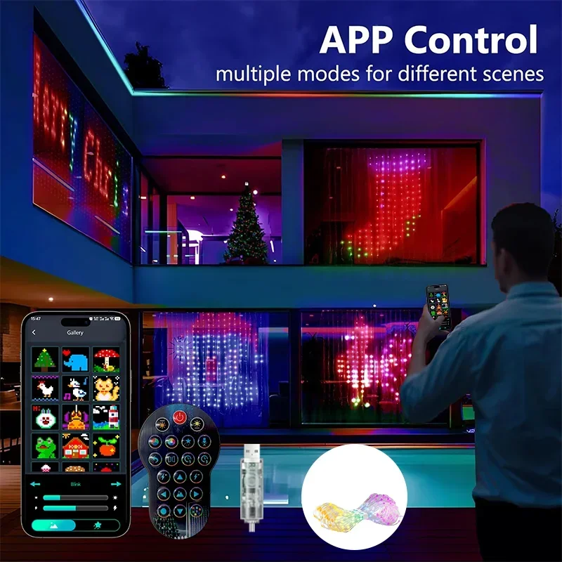 400LED RGB Smart Curtain Lights Bluetooth APP Remote Control DIY Pixel Pattern Music Sync Fairy Lights Christmas Window Decor