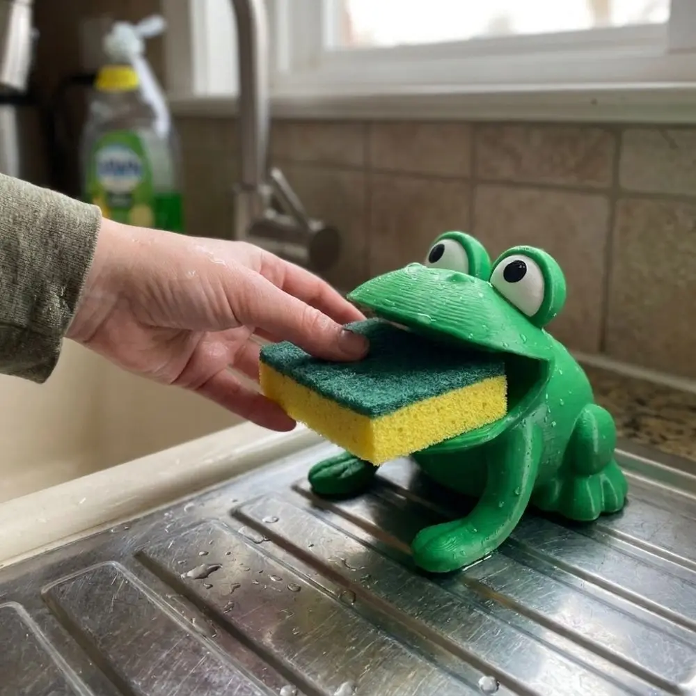 3D Printed Frog-Shaped Sponge Storage Rack Big Mouth Frog Self-draining Dish Cloth Drain Stand Cartoon with Drain Hole view 5