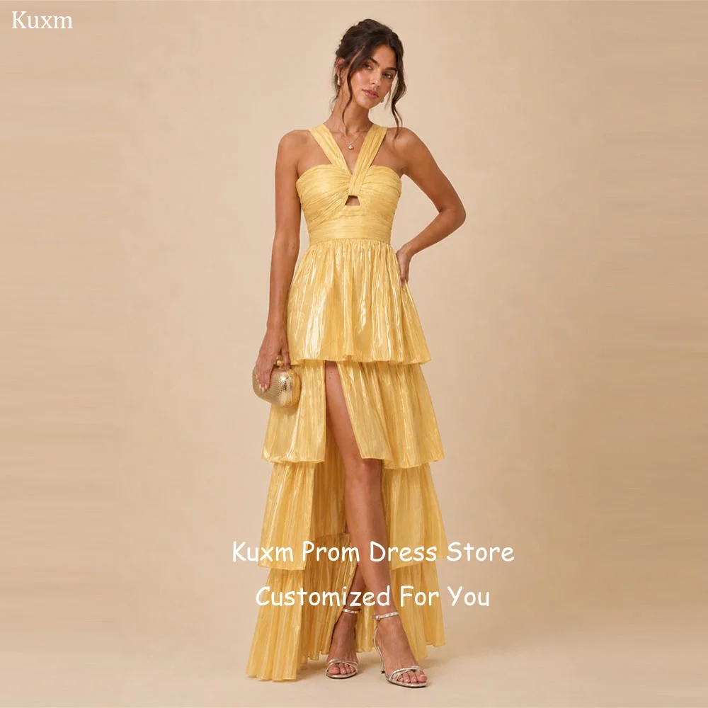 Kuxm Yellow Fashion Evening Dresses A Line Tiered Sweetheart High Low Elegant Prom Gowns Sleeveless Vestido De Fiesta Customized