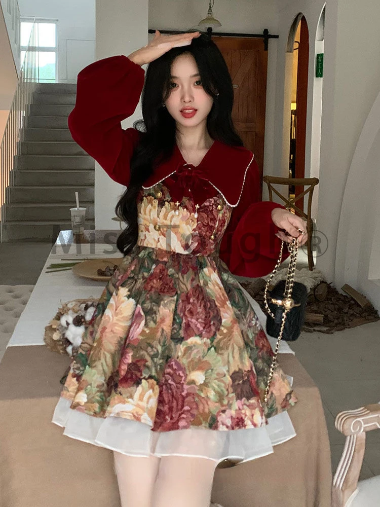 Fairy Sweet 2 Piece Dress Set Woman New Red Bow Tops + Printing Floral Dress Female Korean Fashion Y2k Elegant Party Suit 2024