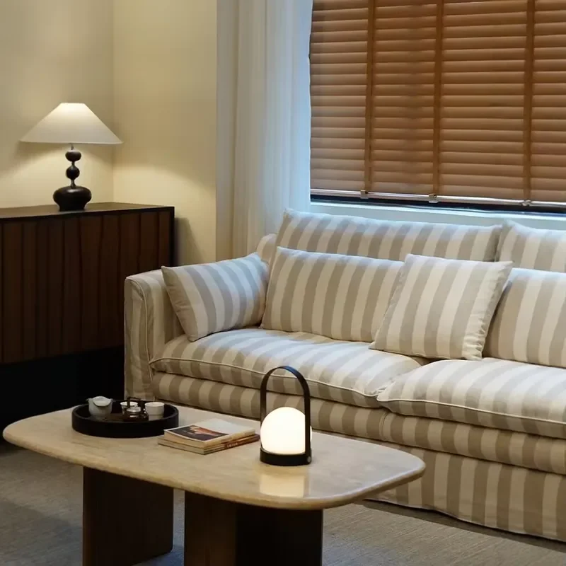North European and American Style Rural Striped Linen Fabric Double Three Person Four Person Sofa Living Room Furniture