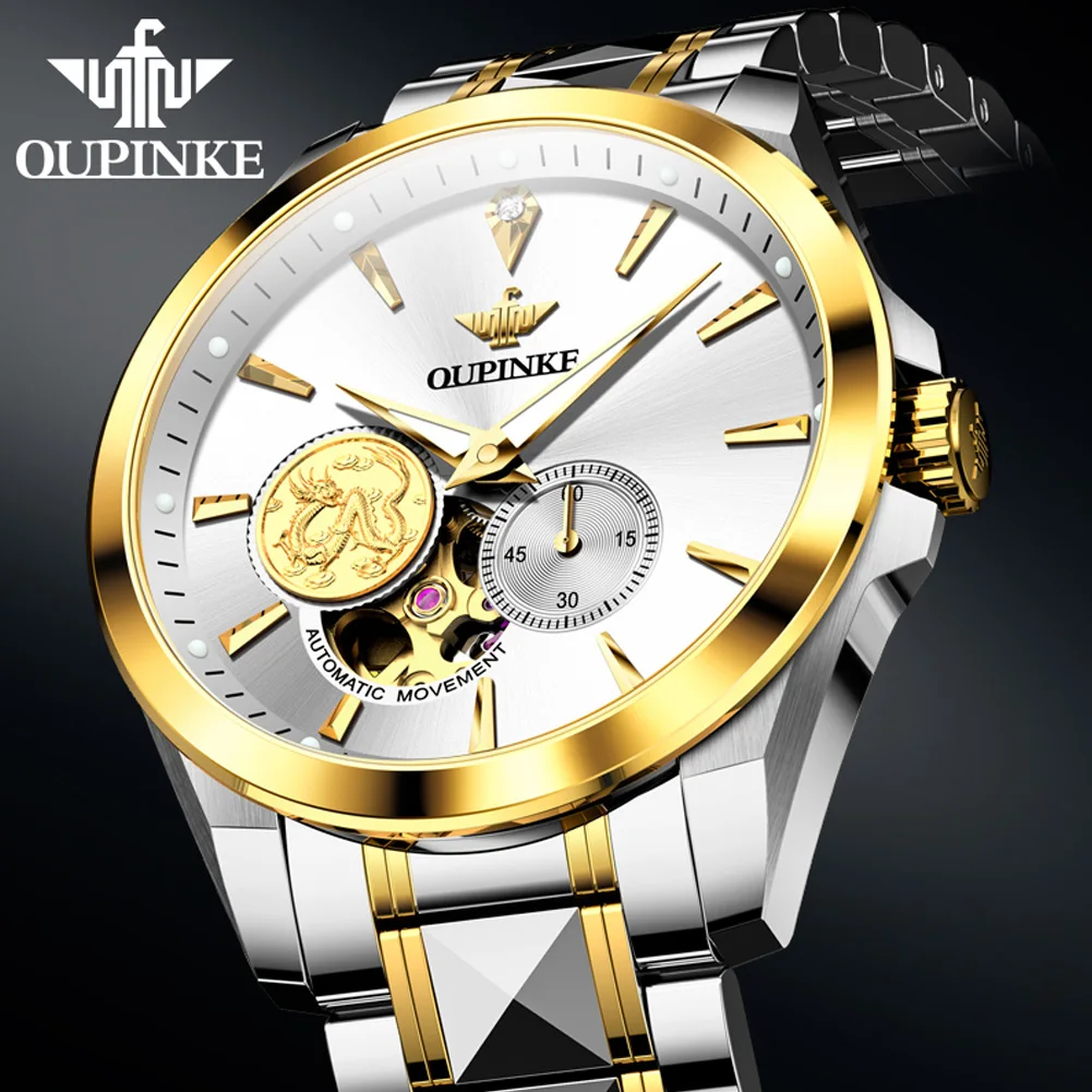 OUPINKE 3260 Real Diamond Luxury Mechanical Hand Clock Hollow Automatic Watch For Men Sapphire Mirror Waterproof Business Watch