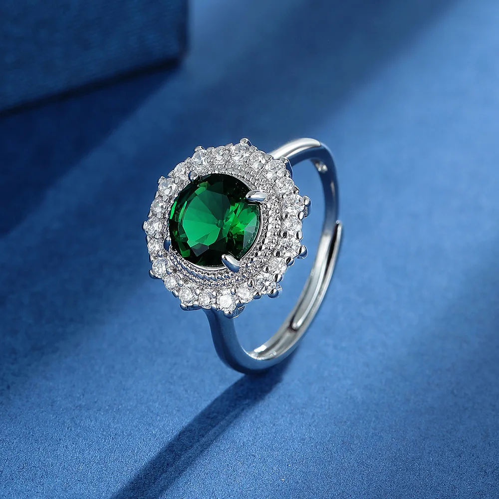 Round Green Simulated Nano Emerald 925 Sterling Silver Halo Rings for Women Geometric Ring Statement Gemstone Jewelry Anillos