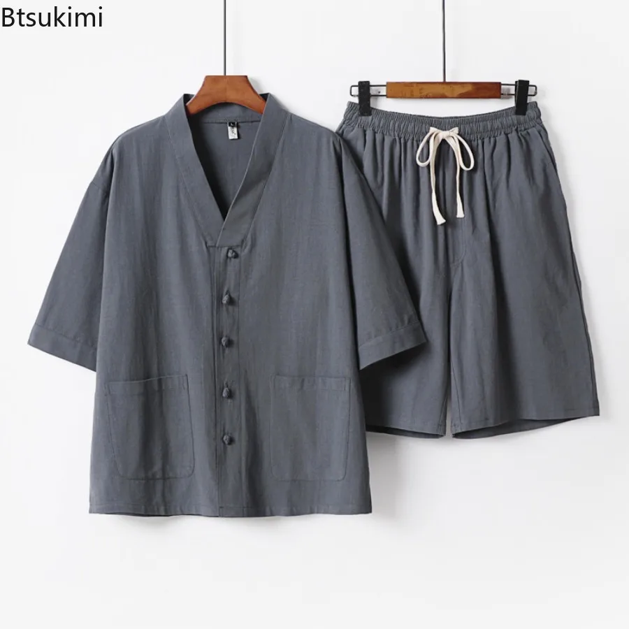 Chinese Style Men's Summer Thin Cotton and Linen Set V-neck Short Sleeved Shorts Two-piece Set for Men Retro Casual Tang Suit
