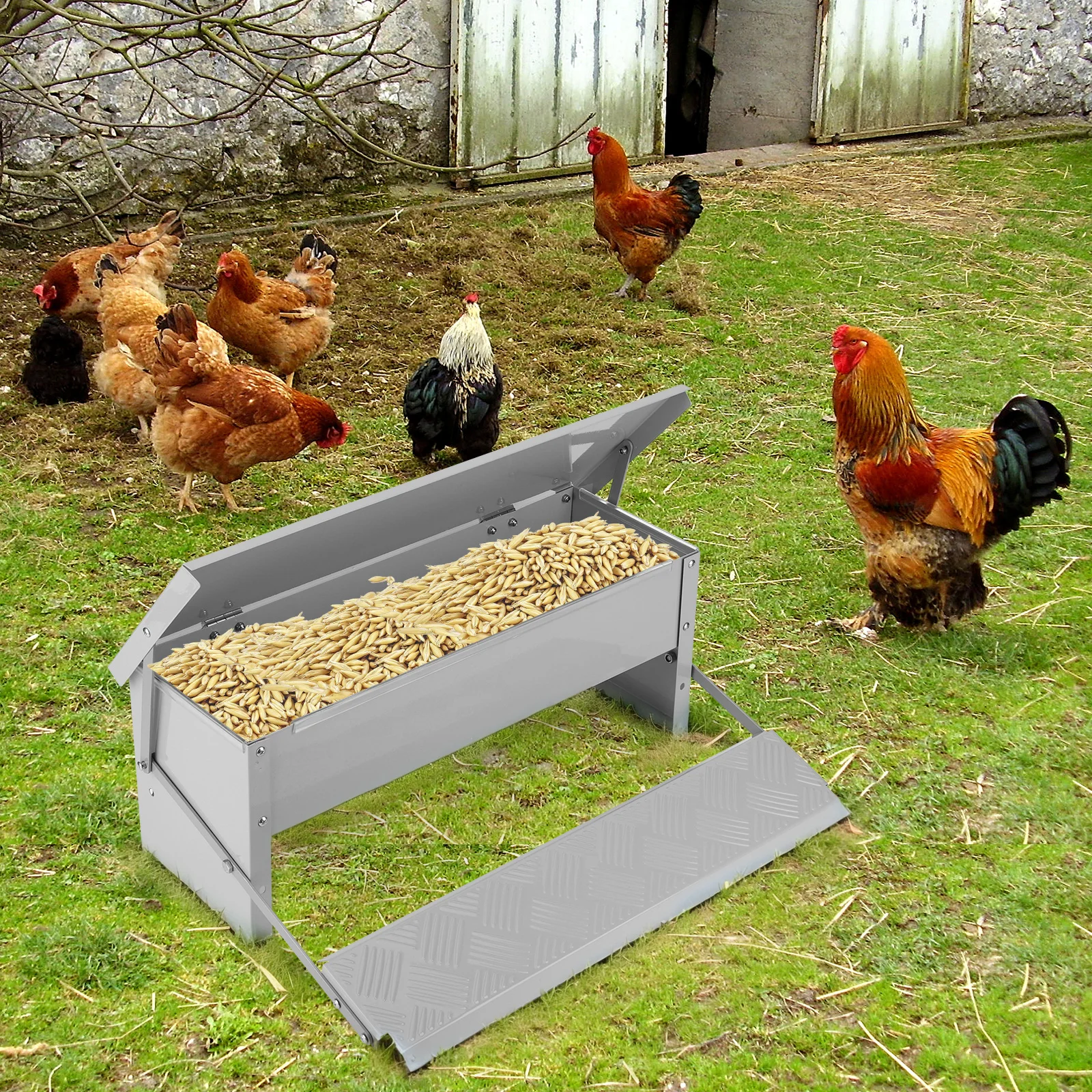 

Automatic Chicken Feeder with Weatherproof Lid Treadle Chicken Feeder Poultry Feeder for Chickens Geese Ducks Turkeys