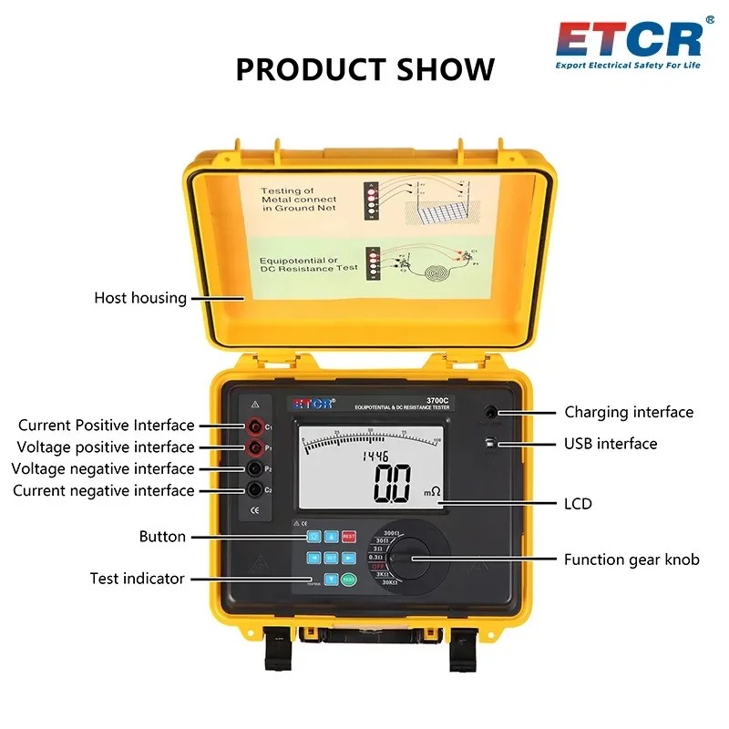 

ETCR3700C Dc Low Resistance Meter 1mΩ~30.0kΩ Intelligent Equipotential Tester IP65 Outdoor Handheld Winding Test Current 4A MAX