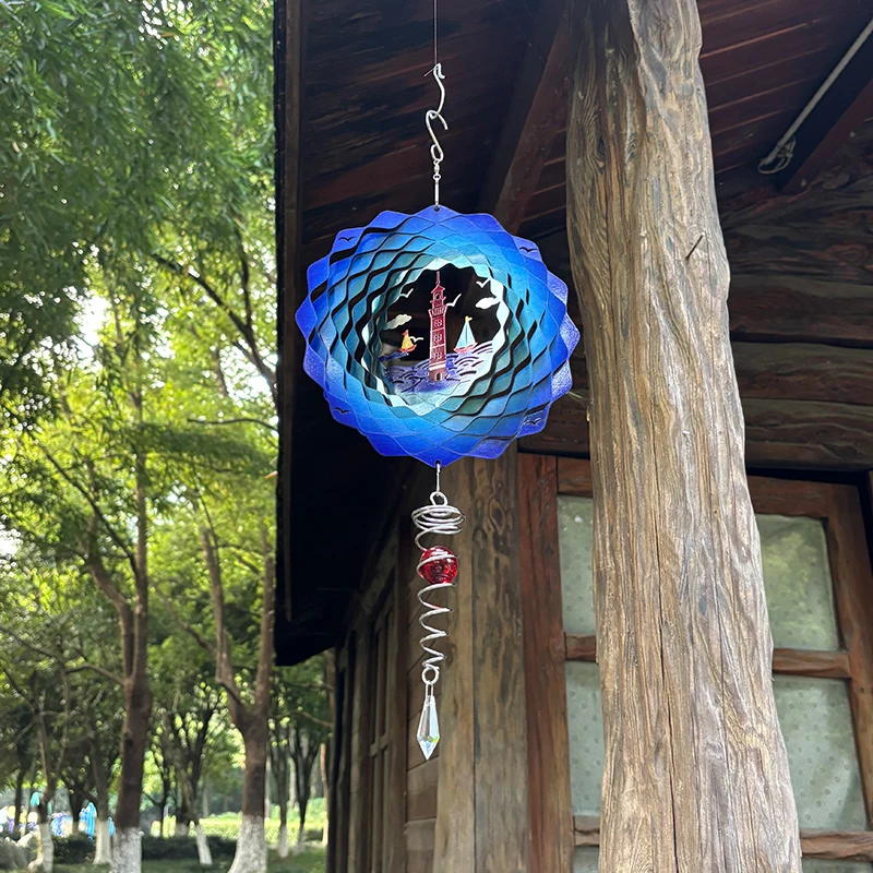 1PC 8 Inch  Wind Spinners 3D Stainless Steel Lighthouse Wind Spinner Chimes with Gazing Ball Spiral Tail Outdoor Decor for Patio