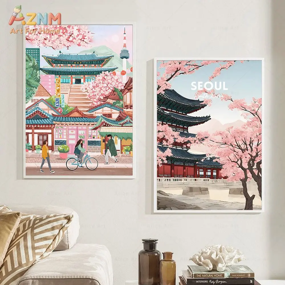 AZNM Seoul South Korea Travel Canvas Wall Art Cherry Blossom Traditional Korean Building Illustration Print Frameless Canvas Pai