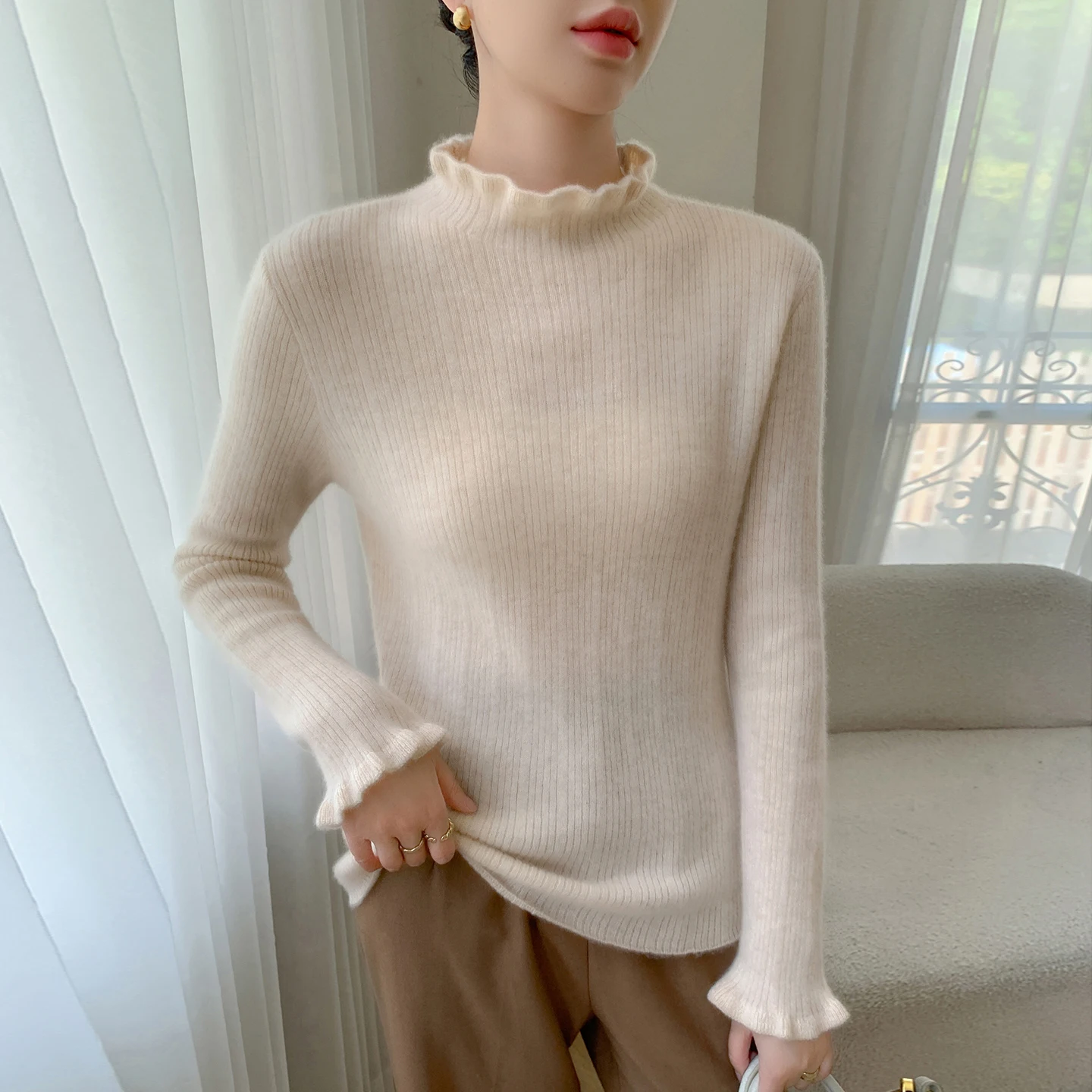 Women's 100% Pure Cashmere Pullover Solid Color Fungus Edge Semi High Neck Slim Fit Knitted Sweater Casual Blouse