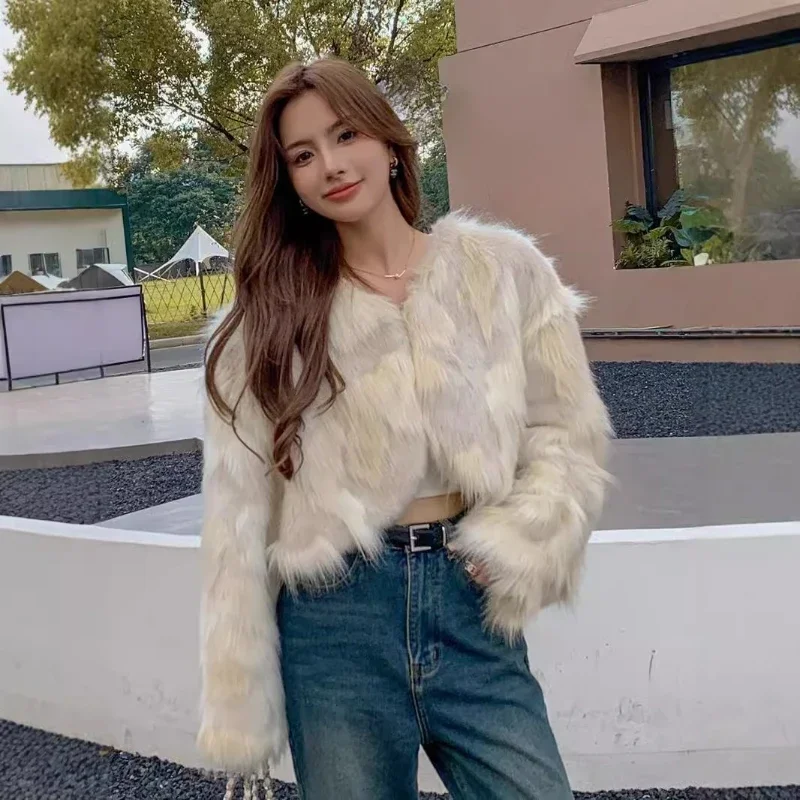 معطف فرو الثعلب القصير المقلد ملابس نسائية للخريف والشتاء ملابس فروي ملابس أوروبية وأمريكية