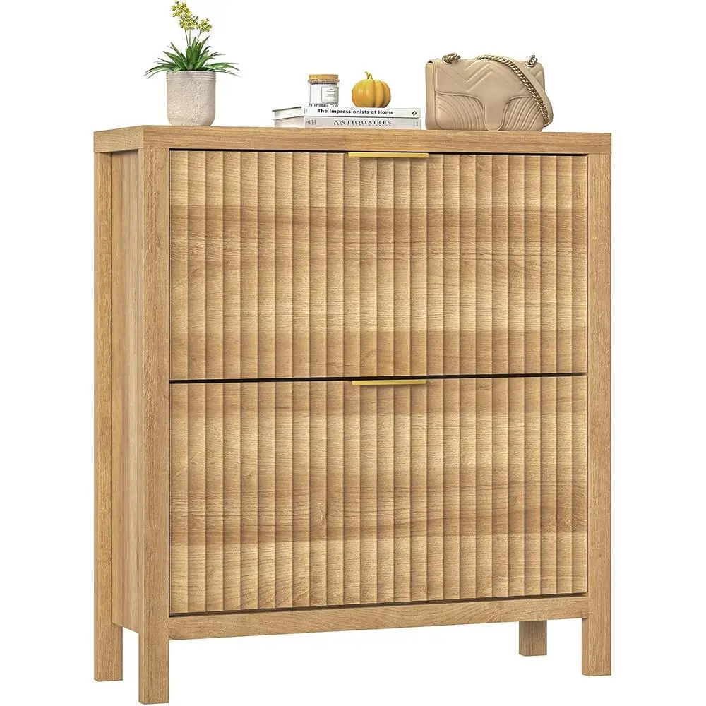 

Oak Tall Standing Shoe Organizer with 2 Lip Doors and Hidden Rack for Entryway Storage