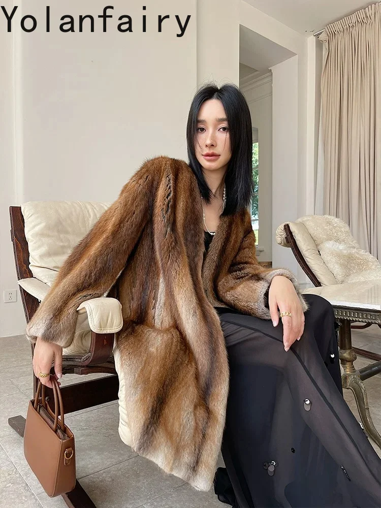 YOLANFAIRY Real Whole Muskrat Fur Coat Woman Mid-length 85cm Luxury Natural Fur Jacket Winter Coats Women Clothing 2026 шуба