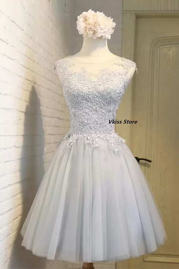 Zoete En Mooie Transparante Tule Applique Lijfje Prom Dress 2022 Grey Korte A-lijn Homecoming Dress Graduation Custom Made