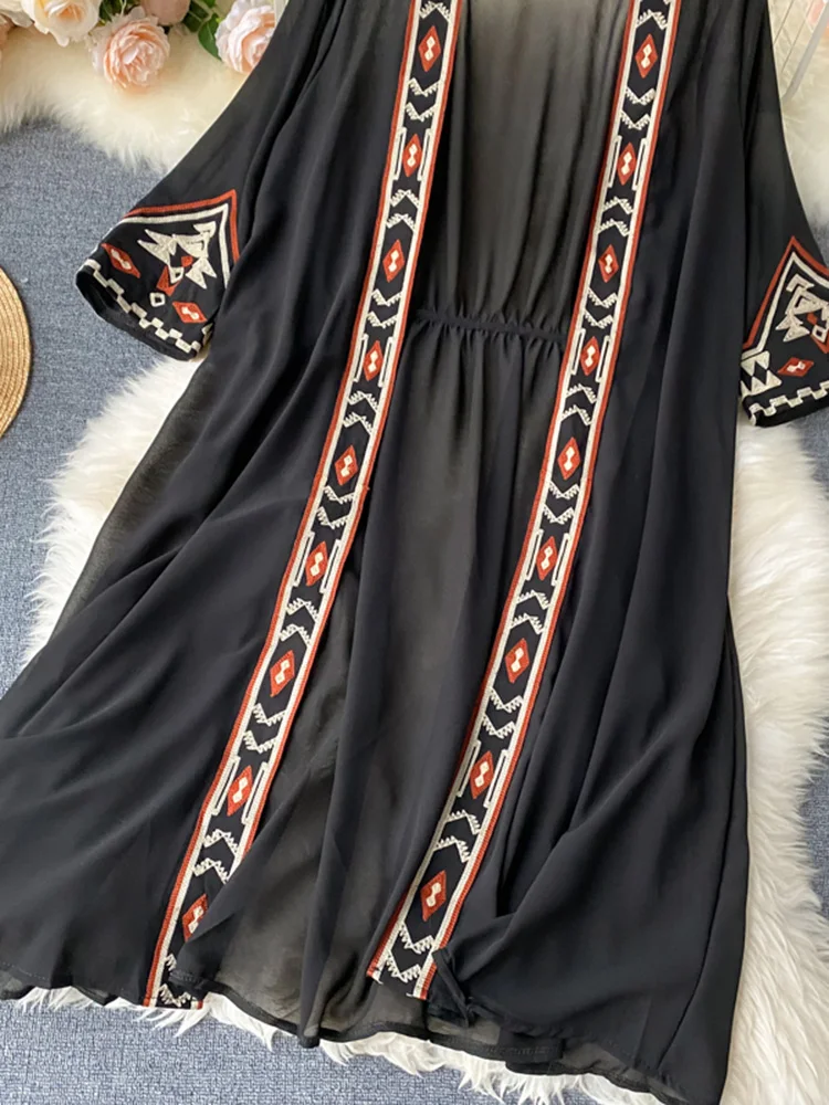 SEDUTMO Summer Bohemian Pareo Beach Kimono Women Embroidery Cover Up Long Fashion Poncho Cardigan Chiffon Shirt ED1875