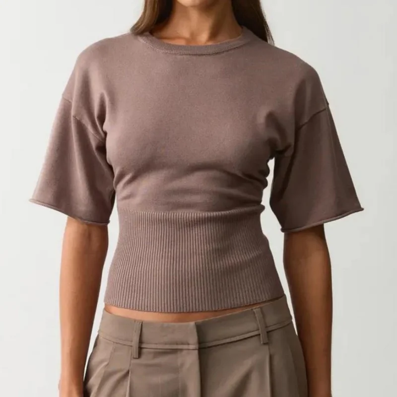 Cinched Waist Knit Ribbed T Shirt for Women Batwing Sleeve Fitted Sweaters Vintage Crewneck Pullover Tops Y2K Streetwear