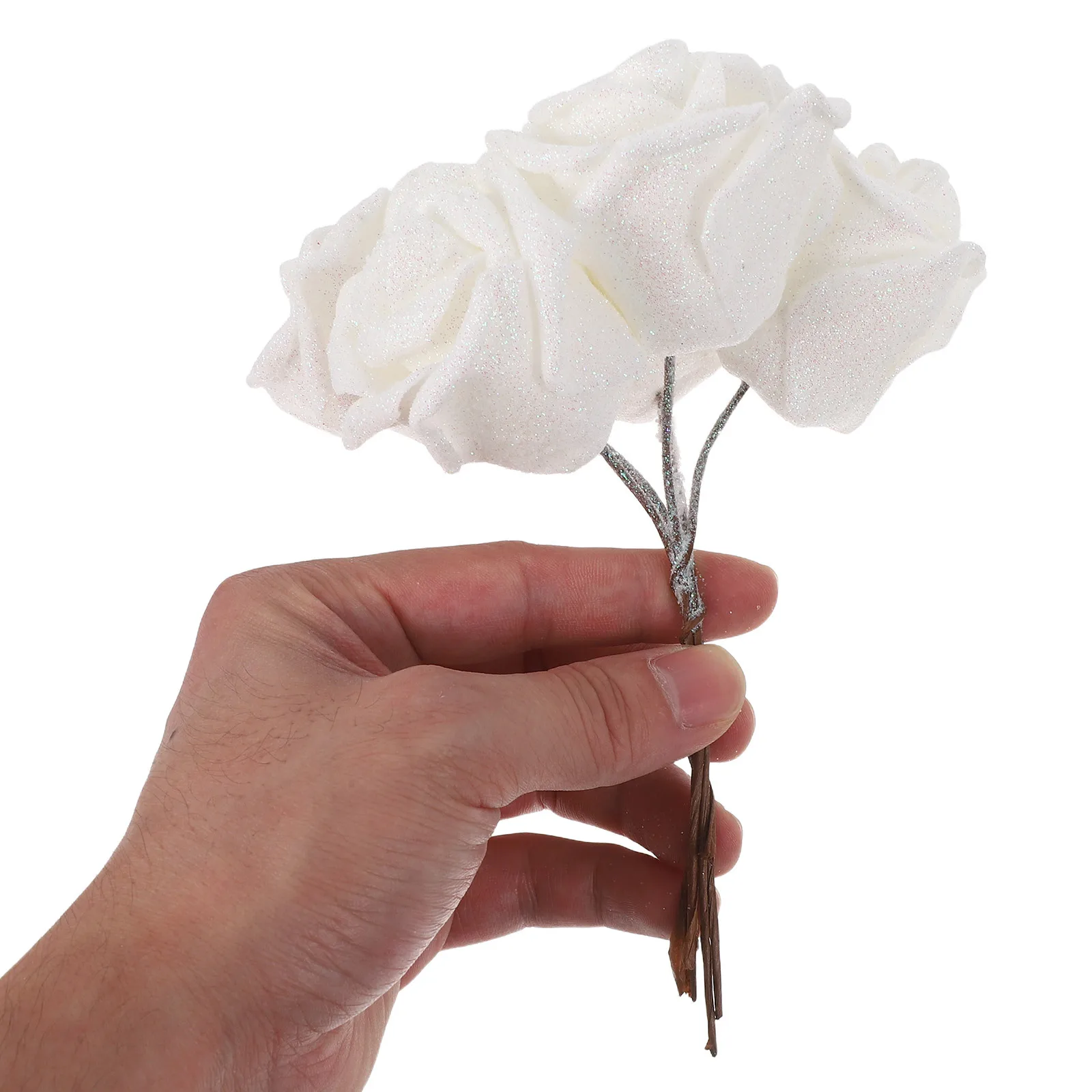 

25Pcs Glitter White Artificial Roses Stem for Wedding Bridal Centerpieces DIY Home Party Table Floral Decor
