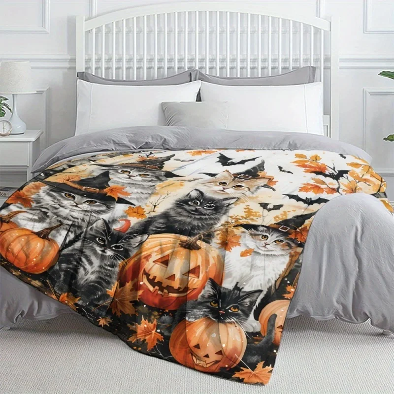 Halloween Pumpkin Flannel Blanket Cute Ghost Bat Checked Fleece Blanket Soft Warm Cozy Throw Blankets For Bed Sofa Kids Gift