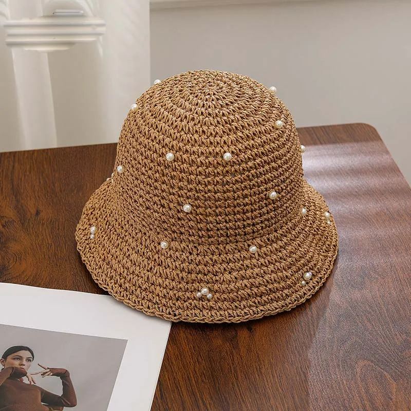 Open-weave Breathable Straw Bucket Hat for Summer Outdoor Seaside Vacation Sun Protection Hat Fashion Pearl Straw Fisherman Hat