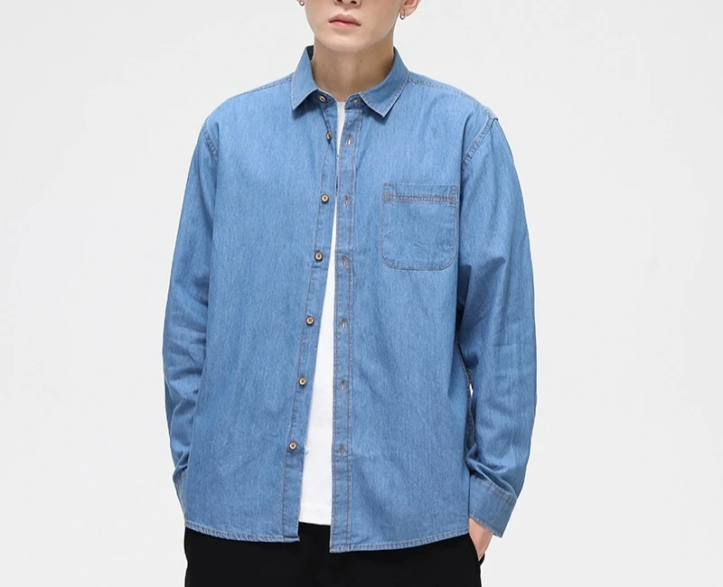 GELITAYIN  Spring And Autumn Men's Cotton Japanese Denim Shirt Fashion Solid Color Cardigan Versatile Casual Men's Shirt Coa
