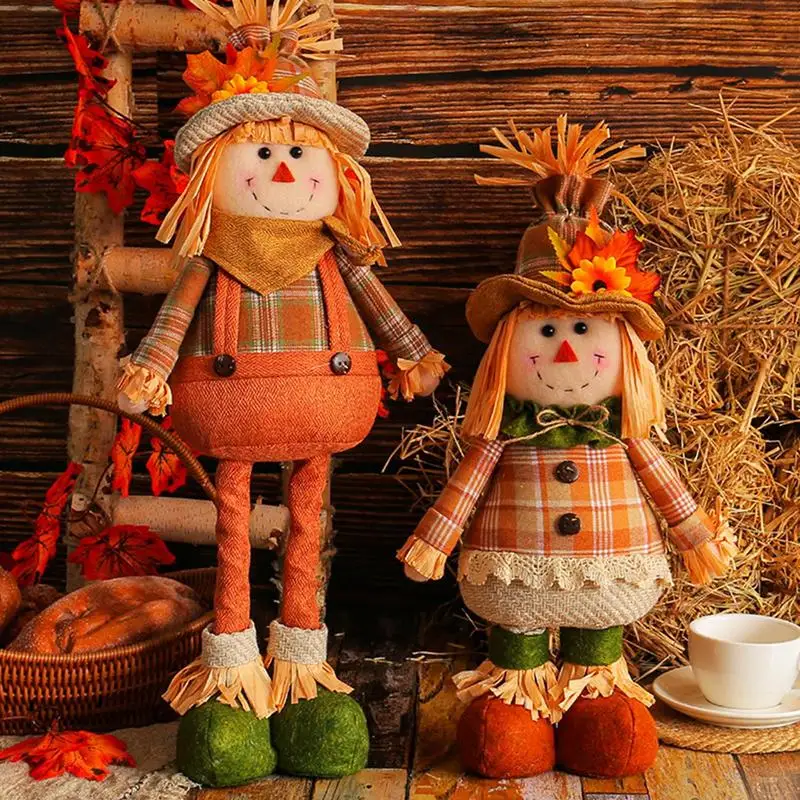 Scarecrow Doll Funny Stuffed Scarecrow Sculpture Autumn Thanksgiving Decoration Straw Hat Gnome Doll with Flexible Legs for farm