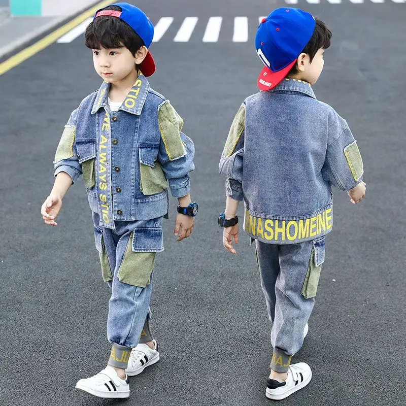 Spring Autumn 2 Piece Suit Casual teen Boys Letter Clothes Set Kid jacket Top + Denim Pants set 6 8 10 12 14 years