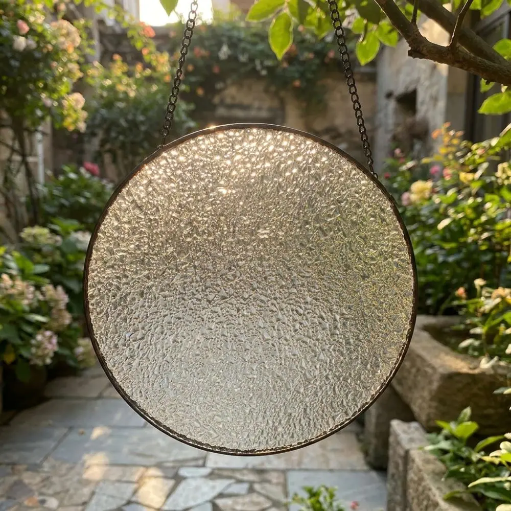 Round Blank Textured Glass Sun Catcher Hammered Glass Surface Metal Wrapped Edge Suncatcher Home Decor with Hanging Chain