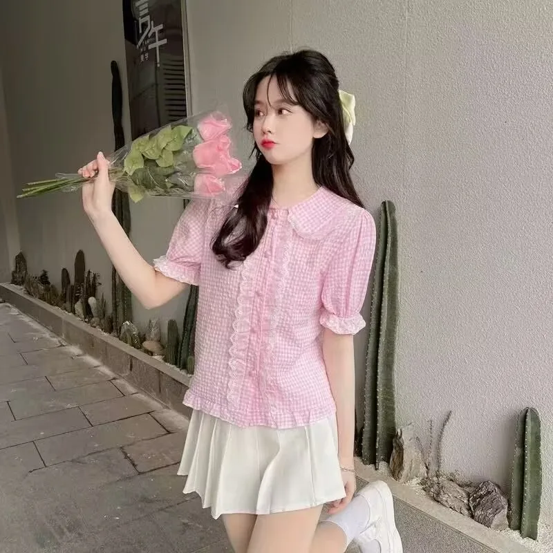 Lolita Plaid Shirts Women Summer Lace Embroidery Ruffles Short Sleeve Blouses Sweet Kawaii Schoolgirl Y2k Tops Blusas Mujer