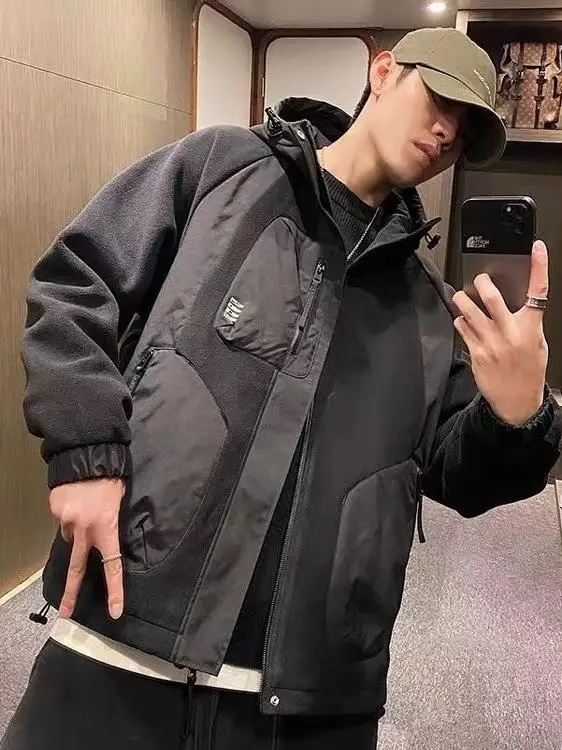 

Thiened Winter Cotton Jaet for Men Hooded Fce Loose Fit Warm Casual Workwear Polyester Fabric Long Sve Zipper Closure